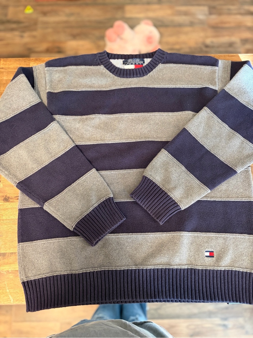 Tommy Hilfiger Navy and Gray Wide-Stripe Crewneck Sweater